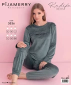 Pijamerry Kadın Kışlık Bisiklet Yaka Kadife Pijama Takımı 3036SY - 1 Adet  M Su Yeşil thumbnail 4