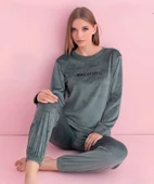 Pijamerry Kadın Kışlık Bisiklet Yaka Kadife Pijama Takımı 3036SY - 1 Adet  M Su Yeşil thumbnail 2