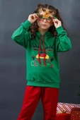 Kız Erkek Merry Christmas ve Geyik Baskılı Yeni Yıl Yeşil Eşofman Takım - 7