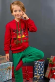 Kız Erkek Merry Christmas ve Geyik Baskılı Yeni Yıl Kırmızı Eşofman Takım - 4