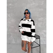 Unisex Üç İplik Parçalı Yakalı SweatShirt - Siyah - 2