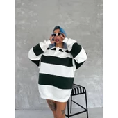 Unisex Üç İplik Parçalı Yakalı SweatShirt - Yeşil - 3