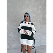 Unisex Üç İplik Parçalı Yakalı SweatShirt - Yeşil - 2