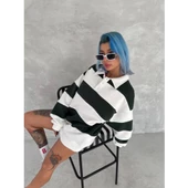 Unisex Üç İplik Parçalı Yakalı SweatShirt - Yeşil - 1