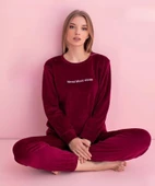 Pijamerry Kadın Kışlık Bisiklet Yaka Kadife Pijama Takımı 3044B - 1 Adet  Bordo S - 1