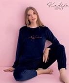 Pijamerry Kadın Kışlık Bisiklet Yaka Kadife Pijama Takımı 3037L - 1 Adet  M Lacivert - 2
