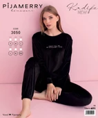 Pijamerry Kadın Kışlık Bisiklet Yaka Kadife Pijama Takımı 3050S - 1 Adet  Siyah M thumbnail 3