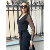 Krep Kumaş Kol Tül Puan Detaylı Kuşaklı Tulum 141 Cm - 1