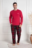 Mecit 3081 Erkek Kırmızı Ekoseli Büyük Beden Pijama Takımı - 1