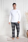 Mecit 3082 Erkek Beyaz Ekoseli Büyük Beden Pijama Takımı - 1