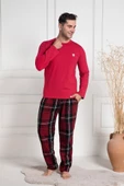 Mecit 3081 Erkek Kırmızı Ekoseli Büyük Beden Pijama Takımı - 2