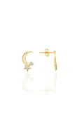 Gümüş altın yaldızlı zirkon taşlı hilal yıldızı kadın küpe SGTL12656GOLD thumbnail 1