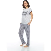 Estiva Çizgili Patili Viskon Kısa Kol Bayan Pijama Takım thumbnail 2