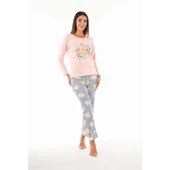 Estiva Patlı Yaka Desenli Uzun Kol Bayan Pijama Takım - 3