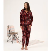 Estiva Kareli Desen Önden Düğmeli Süet Bayan Pijama Takım thumbnail 2