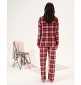 Estiva Kareli Önden Düğmeli Kadife Bayan Pijama Takım - 3