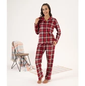 Estiva Kareli Önden Düğmeli Kadife Bayan Pijama Takım - 2