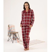 Estiva Kareli Önden Düğmeli Kadife Bayan Pijama Takım - 1