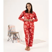 Estiva Kartanesi Desen Önden Düğmeli Süet Bayan Pijama Takım - 2