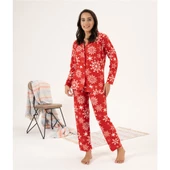 Estiva Kartanesi Desen Önden Düğmeli Süet Bayan Pijama Takım - 3