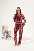 Estiva Kareli Önden Düğmeli Kadife Bayan Pijama Takım - 5