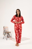Estiva Kartanesi Desen Önden Düğmeli Süet Bayan Pijama Takım - 6