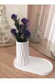 MİNİ DESENLİ BETON SAKSI TEKLİ VE OVAL TABAK - YAPAY ÇİÇEK HEDİYELİ - 1