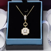5mm Kare Zirkon Taşlı Beyaz Mineli Gold Rengi Gümüş Kadın Kolye - 3