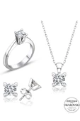 Sertifikalı Swarovski Taşlı Klasik Tek Taş 925 Gümüş Set Takım - 2