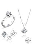 Sertifikalı Swarovski Taşlı Tek Taş 925 Gümüş Set Takım - 2