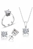 Sertifikalı Swarovski Taş Altın Modeli Tek Taş 925 Gümüş Set Takım - 1