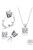 Sertifikalı Swarovski Tek Taş Kalp Montür 925 Gümüş Set Takım - 2