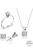 Sertifikalı Swarovski Taş Zarif Tek Taş 925 Gümüş Set Takım - 2
