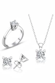 Sertifikalı Swarovski Taşlı Klasik Tek Taş 925 Gümüş Set Takım - 1