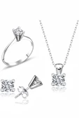 Sertifikalı Swarovski Taş Zarif Tek Taş 925 Gümüş Set Takım - 1