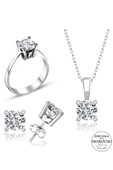 Sertifikalı Swarovski Taş Altın Modeli Tek Taş 925 Gümüş Set Takım - 2
