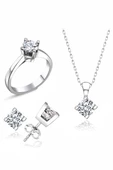 Sertifikalı Swarovski Taşlı Tek Taş 925 Gümüş Set Takım - 1