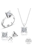 Sertifikalı Swarovski Altın Montür Tektaş 925 Gümüş Set Takım - 2