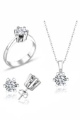 Sertifikalı Swarovski Tektaş Özel Tasarım 925 Gümüş Set Takım - 1