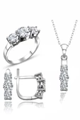Sertifikalı Swarovski 3 Üç Taş Tria 925 Gümüş Set Takım thumbnail 1