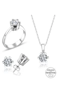 Sertifikalı Swarovski Tektaş Özel Tasarım 925 Gümüş Set Takım - 2