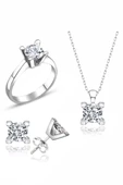 Sertifikalı Swarovski Altın Montür Tektaş 925 Gümüş Set Takım - 1