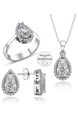 Sertifikalı Swarovski Damla Taşlı Tek Taş 925 Gümüş Set - 2