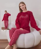 Boyraz Kadın Kışlık Bisiklet Yaka Soft Kadife Pijama Takımı 07021 - 1 Adet  2XL Kırmızı - 1