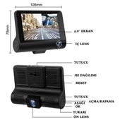 3 Kameralı Kayıt Cihazı İç Ön Arka Geri Görüş Kameralı Monitör 4.0" 1080P Full HD Kayıt Çarpışma Algılayıcı Sensörlü Gece Görüşlü Park Sensörü Sesli Yol Kayıt - 8