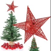 Yılbaşı Çam Ağacı Tepeliği Yıldızı Simli Yaylı Metal Kırmızı 27 cm thumbnail 2