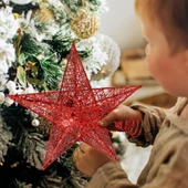 Yılbaşı Çam Ağacı Tepeliği Yıldızı Simli Yaylı Metal Kırmızı 27 cm thumbnail 3