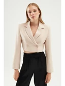 Quzu Kruvaze Crop Blazer Ceket Taş - 1