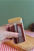 btmhome 3 Adet 220 ml Bambu Kapaklı Kare Cam Kavanoz ve Baharalık Seti - 1