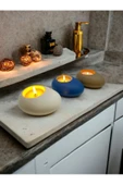 Three Drops Minimal Dekoratif Beton Tealight Mumluk 3'lü Set | Beyaz-Mavi-Vizon | - 2
